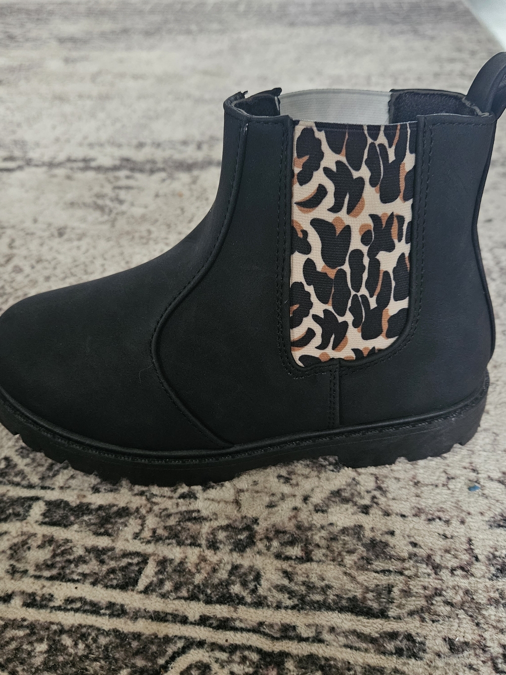 Kids Black Chelsea Boots with Leopard Print Panel
